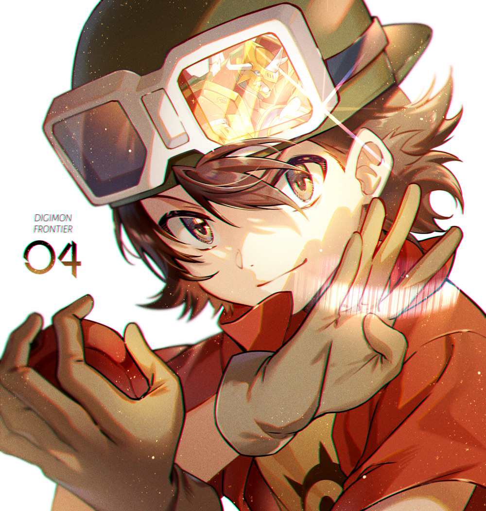 1boy backwards_hat bangs barcode brown_eyes brown_hair character_request copyright_name digimon digimon_frontier ekita_xuan glint gloves goggles goggles_on_headwear green_headwear grey_gloves hair_between_eyes hand_up hat jacket kanbara_takuya light_particles looking_at_viewer male_focus number print_shirt red_jacket reflection shirt short_sleeves simple_background smile solo upper_body white_background yellow_shirt