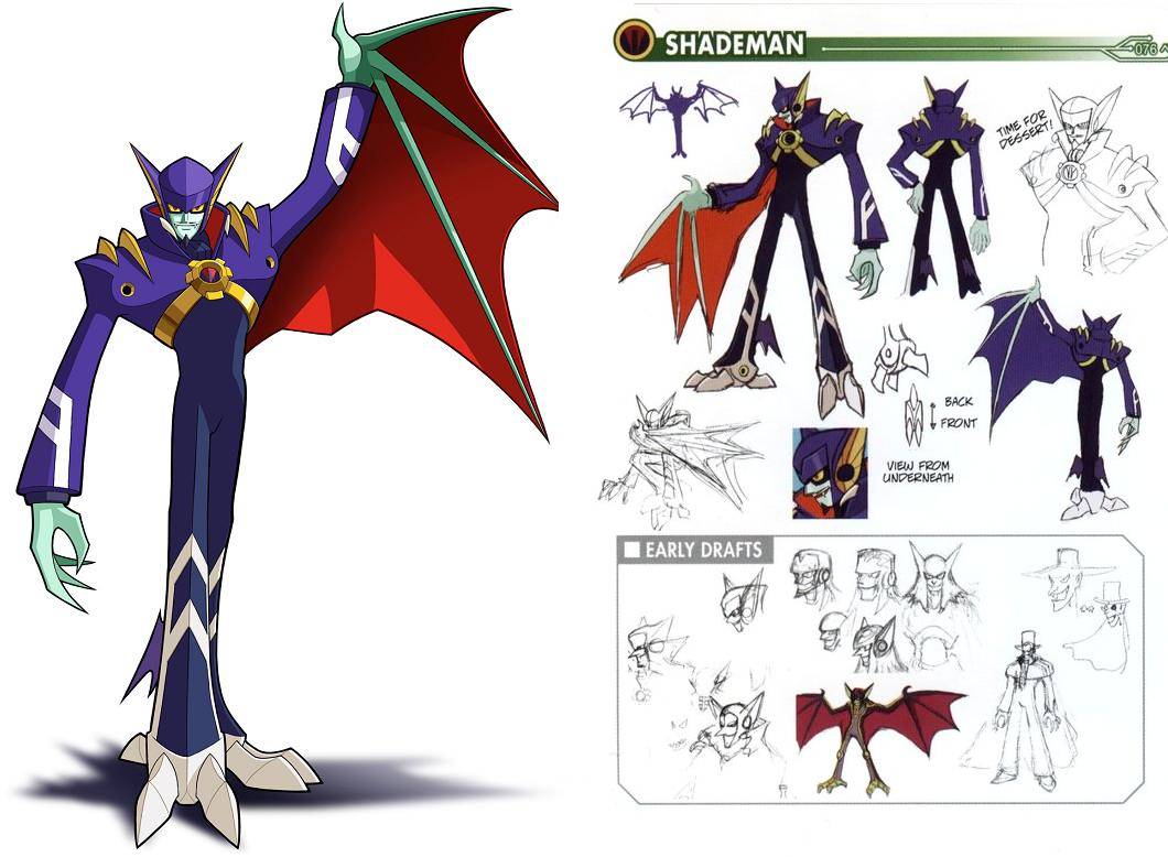 blue_face capcom claws english_text humanoid male mega_man_(series) mega_man_battle_network official_art purple_body red_eyes shade_man simple_background sketh solo text vampire video_games white_background winged_arms wings yellow_sclera