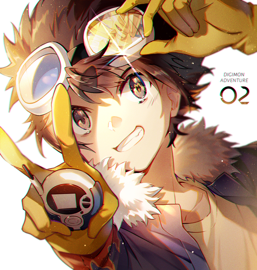 1boy adjusting_eyewear bangs blue_jacket brown_eyes brown_hair copyright_name digimon digimon_adventure_02 ekita_xuan flame_print fur_trim gloves goggles goggles_on_head grin hair_between_eyes hand_up holding jacket light_particles looking_at_viewer magnamon male_focus mismatched_pupils motomiya_daisuke number outstretched_arm reflection shirt simple_background smile solo symbol-shaped_pupils t-shirt upper_body v white_background yellow_gloves