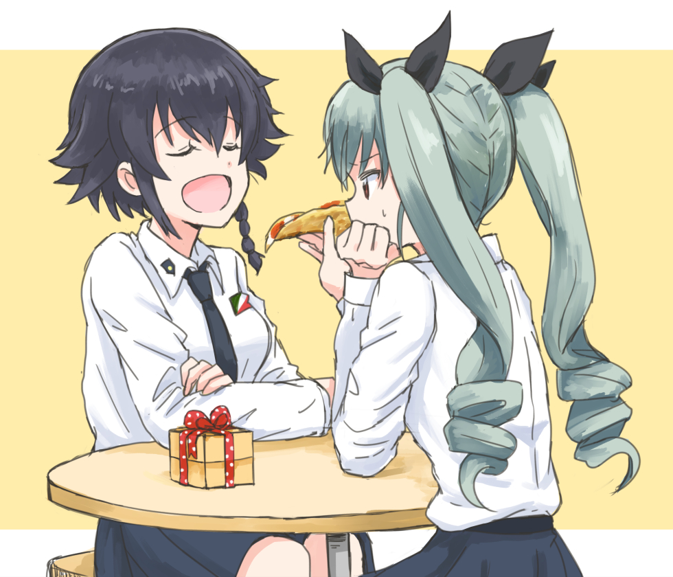 2girls :d anchovy_(girls_und_panzer) anzio_school_uniform black_hair bow box braid closed_eyes drill_hair eyebrows_visible_through_hair feeding food gift gift_box girls_und_panzer green_hair hair_bow multiple_girls mutsu_(layergreen) necktie open_mouth pepperoni_(girls_und_panzer) pizza school_uniform short_hair simple_background sitting smile sweatdrop twin_drills twintails