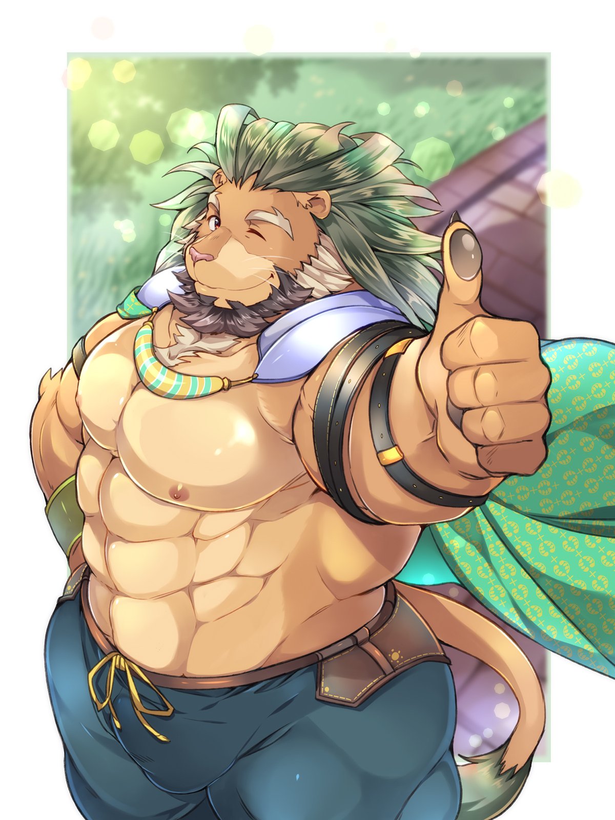 1boy abs animal_ears arsalan_(tokyo_houkago_summoners) bara bare_chest beard blush brown_eyes brown_fur bulge cape chest chest_hair facial_hair fingernails furry green_cape green_hair highres lion_boy lion_ears lion_tail male_focus medium_hair muscle nipples one_eye_closed paws sharp_fingernails tail thick_thighs thighs thumbs_up tokyo_houkago_summoners upper_body youzora_samo18