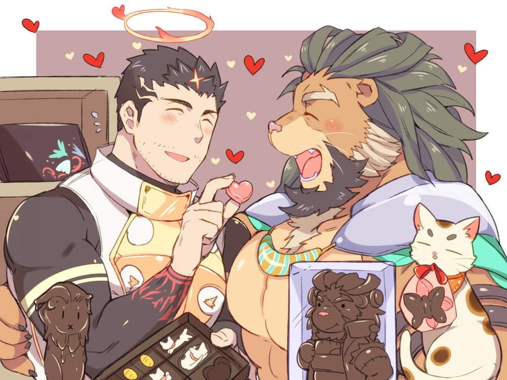 2boys abs animal_ears arsalan_(tokyo_houkago_summoners) bara bare_chest beard black_bodysuit black_hair blush bodysuit brown_fur candy chest chest_hair chocolate chocolate_heart couple facial_hair feeding fingernails food furry green_hair halo heart heart_background lion_boy lion_ears male_focus medium_hair multiple_boys muscle sharp_fingernails short_hair stubble tokyo_houkago_summoners upper_body valentine yaoi youzora_samo18 zabaniya_(tokyo_houkago_summoners)