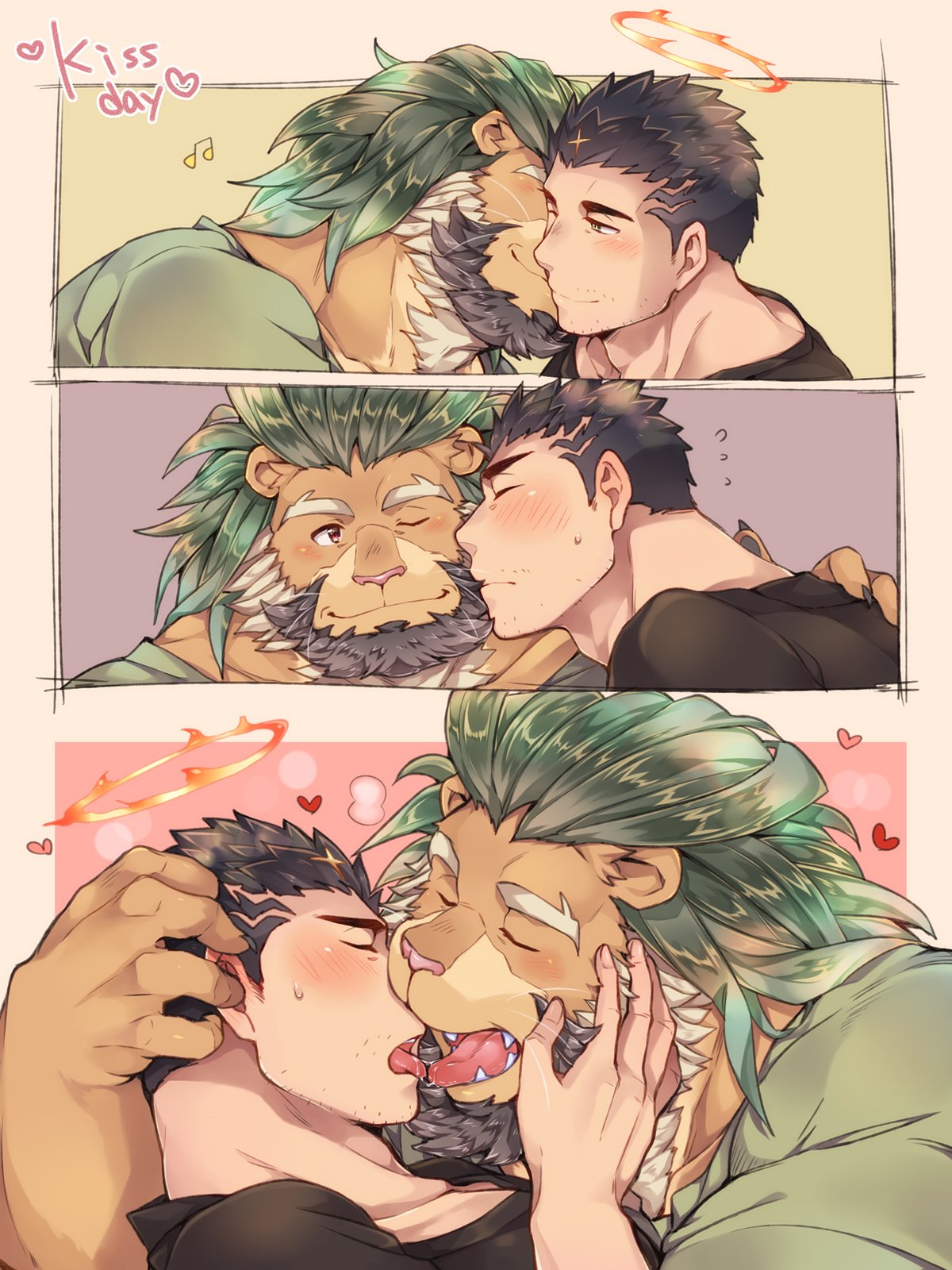 2boys alternate_costume animal_ears arsalan_(tokyo_houkago_summoners) bara beard black_hair black_shirt blush brown_eyes brown_fur casual cheek_kiss collage couple facial_hair fingernails french_kiss furry green_hair halo hand_on_another's_face hand_on_another's_head highres kiss kiss_day lion_boy lion_ears male_focus medium_hair multiple_boys muscle one_eye_closed saliva saliva_trail sharp_fingernails shirt short_hair stubble tokyo_houkago_summoners tongue tongue_out upper_body yaoi yellow_eyes youzora_samo18 zabaniya_(tokyo_houkago_summoners)