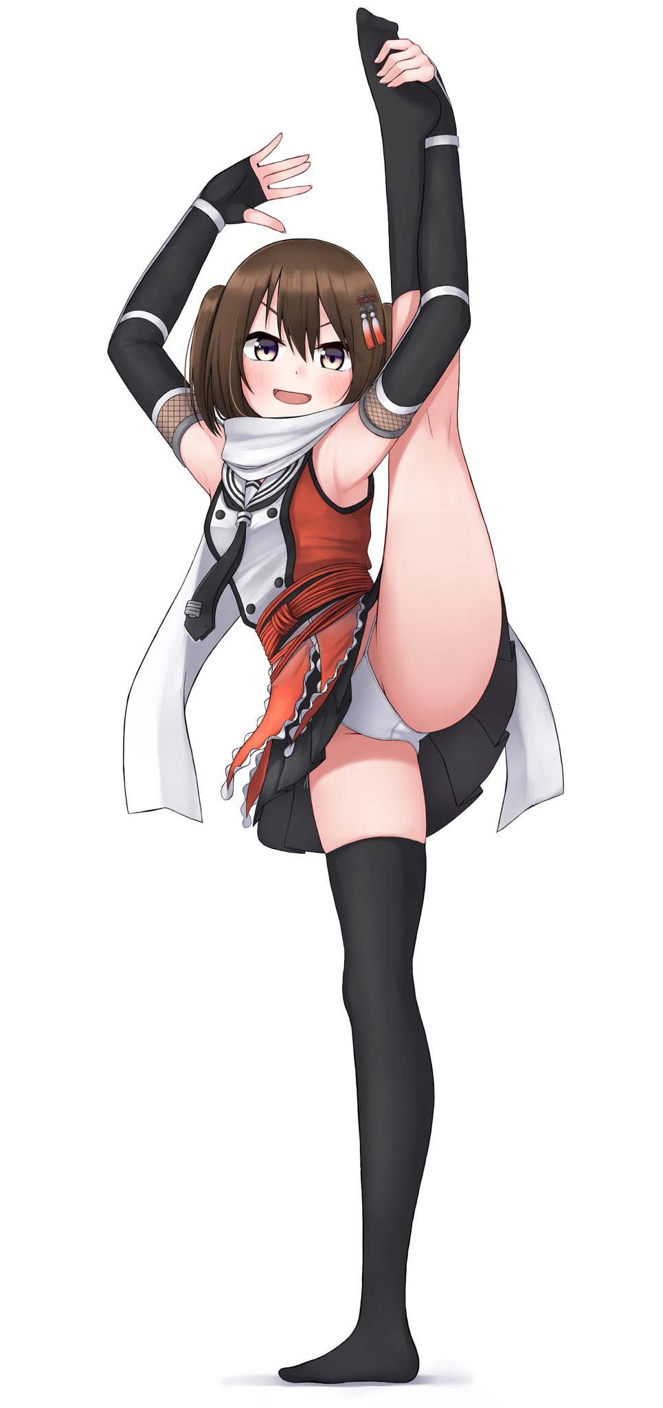 1girl armpits arms_up ass_visible_through_thighs black_gloves black_legwear black_skirt blush brown_eyes brown_hair commentary_request elbow_gloves fingerless_gloves flexible full_body gloves hair_ornament highres kantai_collection leg_lift leg_up looking_at_viewer open_mouth panties remodel_(kantai_collection) scarf school_uniform sendai_(kantai_collection) serafuku skirt smile solo split standing standing_on_one_leg standing_split stretch thighhighs thighs tiemu_(man190) underwear white_panties white_scarf