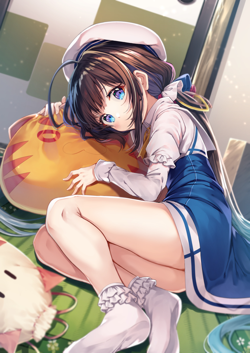 1girl ahoge bangs beret blue_dress blue_eyes blush bobby_socks brown_hair commentary_request dress eyebrows_visible_through_hair gurasion_(gurasion) hat hinatsuru_ai indoors long_hair long_sleeves looking_at_viewer low_twintails lying no_shoes on_floor on_side parted_lips puffy_short_sleeves puffy_sleeves ryuuou_no_oshigoto! school_uniform short_over_long_sleeves short_sleeves sleeves_past_wrists socks soles solo twintails very_long_hair white_headwear white_legwear