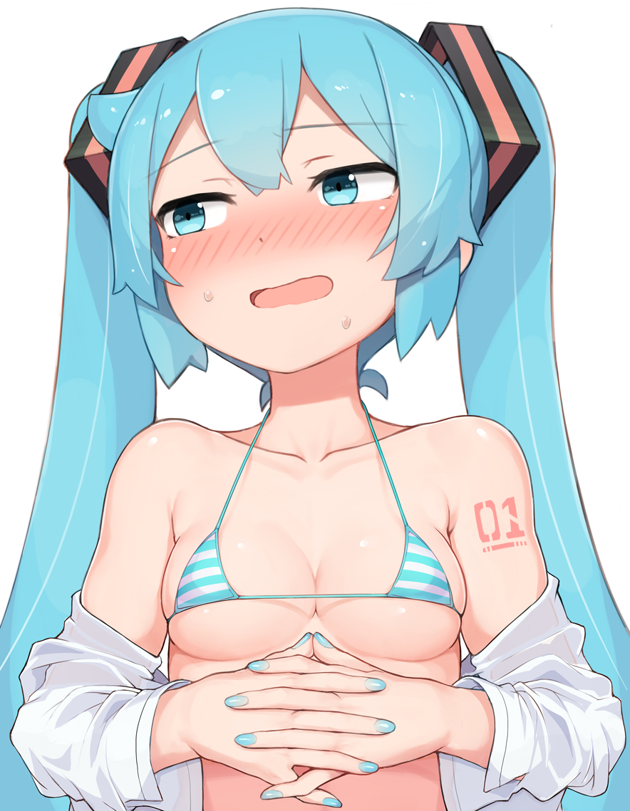 1girl abmayo aqua_eyes aqua_hair aqua_nails bangs bare_shoulders bikini bikini_top blue_nails blush breasts collarbone commentary_request covered_nipples embarrassed eyebrows_visible_through_hair hair_between_eyes hair_ornament halterneck hands_together hatsune_miku interlocked_fingers long_hair long_sleeves micro_bikini nail_polish off_shoulder open_clothes open_mouth open_shirt own_hands_together shirt shoulder_tattoo simple_background small_breasts solo striped striped_bikini sweat swimsuit tattoo twintails upper_body vocaloid white_background