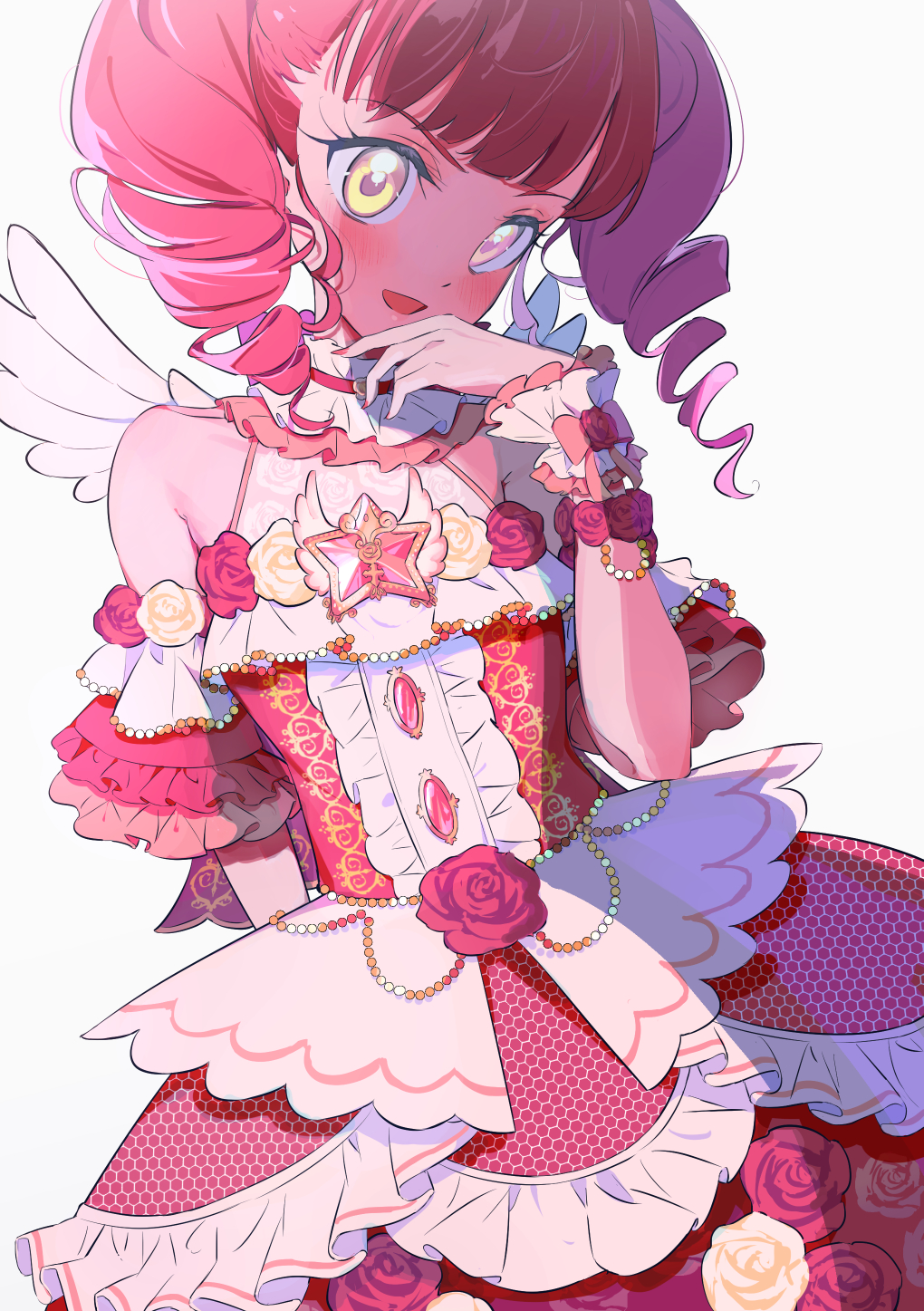 1girl akagi_anna angel_wings arm_behind_back bangs blunt_bangs blush collar commentary dress drill_hair english_commentary flower frilled_collar frilled_cuffs frills halterneck head_tilt highres idol kiratto_pri_chan layered_dress looking_at_viewer medium_dress medium_hair open_mouth pretty_(series) red_dress red_flower red_hair red_rose ribbon rose simple_background smile solo standing star_ornament twin_drills twintails venus_symbol white_background white_ribbon wings yamamura_saki yellow_eyes