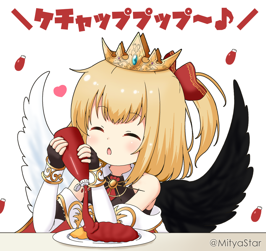 1girl ^_^ bangs bare_shoulders black_gloves black_shirt black_wings blonde_hair blush bottle bow closed_eyes collared_shirt commentary_request crown detached_sleeves eyebrows_visible_through_hair facing_viewer feathered_wings fingerless_gloves food gloves hair_bow hands_up holding holding_bottle ketchup ketchup_bottle long_sleeves maaru_(shironeko_project) miicha mismatched_wings omurice one_side_up parted_lips plate red_bow shironeko_project shirt simple_background sleeveless sleeveless_shirt sleeves_past_wrists solo translation_request twitter_username upper_body white_background white_sleeves white_wings wings