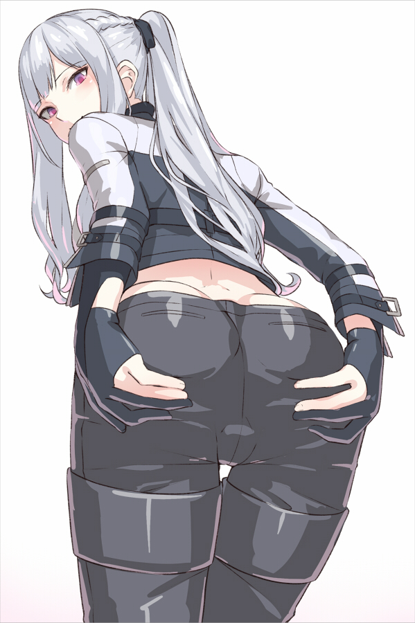 1girl ak-12_(girls_frontline) artificial_eye ass bangs black_ribbon braid cameltoe eyebrows_visible_through_hair from_behind girls_frontline gloves hair_ribbon kageshio_(276006) long_hair mechanical_eye pants partly_fingerless_gloves ponytail purple_eyes ribbon sidelocks silver_hair smile solo spread_ass tactical_clothes