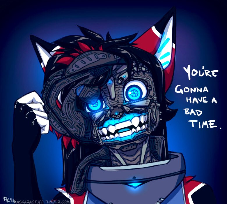 android anthro ara big_ears black_body black_fur blue_glow creepy english_text female fluff-kevlar fur machine nightmare_fuel red_body red_fur robot skin_ripping solo teeth text