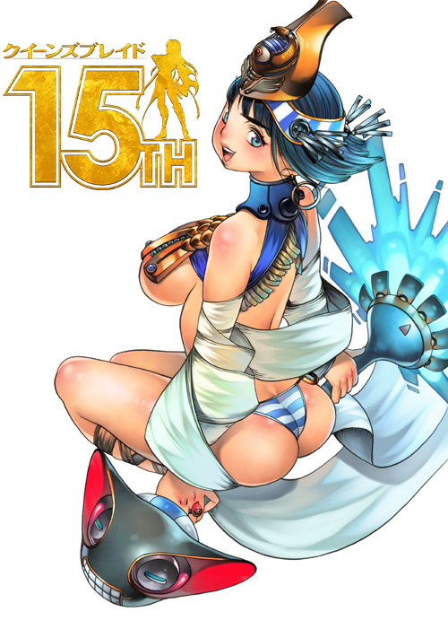 1girl ancient_princess_menace anniversary ass aura back bangs black_hair blue_eyes blunt_bangs breasts commentary_request crown egyptian_clothes f.s. floating_hair headgear high_heels jewelry large_breasts legs looking_at_viewer magic menace mummy official_art open_mouth panties queen's_blade revealing_clothes ring sandals scepter setra shawl short_hair sideboob sitting solo staff staff_riding striped striped_panties thighs underboob underwear wind