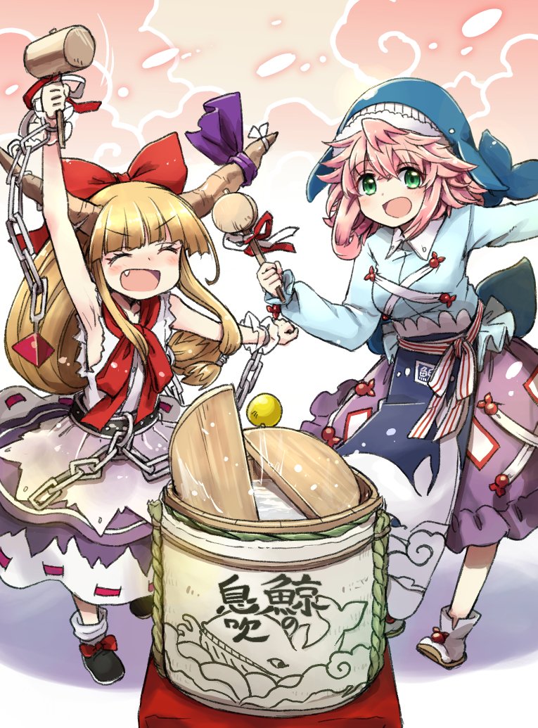 2girls animal_print armpits bangs blouse blue_blouse blue_headwear bow brown_hair chain closed_eyes collared_blouse commentary_request drunk fish_print green_eyes hair_bow hammer holding holding_hammer horn_ornament horn_ribbon horns ibuki_suika long_hair long_sleeves looking_at_viewer mizumoto_tadashi multiple_girls okunoda_miyoi oni open_mouth pink_hair purple_skirt red_bow ribbon ribbon-trimmed_skirt ribbon_trim sake_barrel skirt sleeveless touhou whale_hat whale_print wrist_cuffs