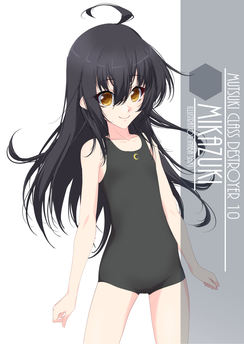 1girl ahoge artist_name black_hair black_swimsuit character_name commentary_request cowboy_shot crescent flat_chest highres inaba_shiki kantai_collection long_hair looking_at_viewer mikazuki_(kantai_collection) new_school_swimsuit school_swimsuit simple_background solo standing swimsuit white_background yellow_eyes