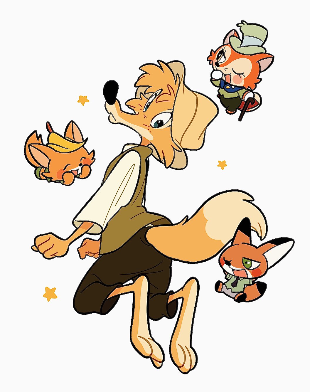 "honest"_john_foulfellow 2020 anthro black_nose br'er_fox canid canine clothed clothing disney fox fur group hat headgear headwear hi_res male mammal nick_wilde pinocchio robin_hood robin_hood_(disney) simple_background song_of_the_south uochandayo zootopia