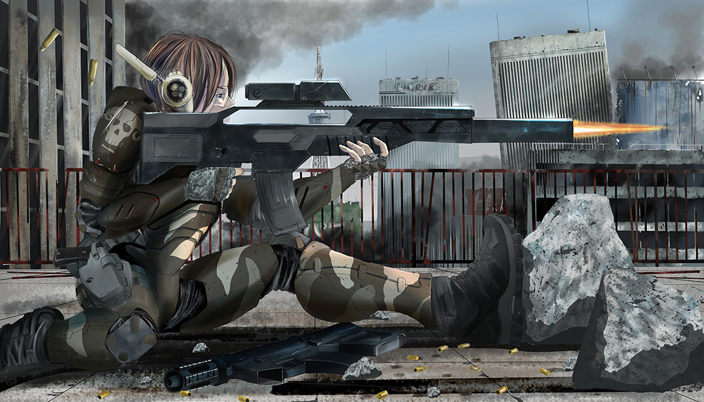 1girl aiming assault_rifle battle body_armor boots brown_hair building camouflage cityscape damaged dirty emblem firing gloves goggles gun i.t.o_daynamics mecha military original power_armor power_suit radio_antenna rifle science_fiction scope shell_casing skull smoke sniper soldier submachine_gun weapon