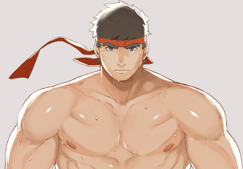 1boy abs bara bare_chest black_hair blush brown_eyes chest collarbone headband male_focus muscle nabana_(bnnbnn) nipples pectoral_focus ryuu_(street_fighter) shirtless short_hair solo street_fighter street_fighter_ii_(series) sweat upper_body