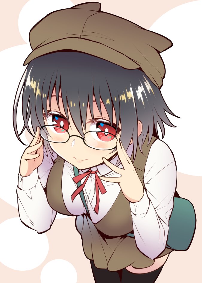 1girl adjusting_eyewear alternate_costume bag bespectacled black-framed_eyewear black_hair blush breasts brown_dress brown_headwear casual closed_mouth commentary_request contemporary dress eyebrows_visible_through_hair fate/grand_order fate_(series) glasses glasses_day hair_between_eyes handbag hat looking_at_viewer medium_breasts ono_misao ortlinde_(fate/grand_order) red_eyes red_ribbon ribbon shirt short_hair smile solo valkyrie_(fate/grand_order) white_shirt
