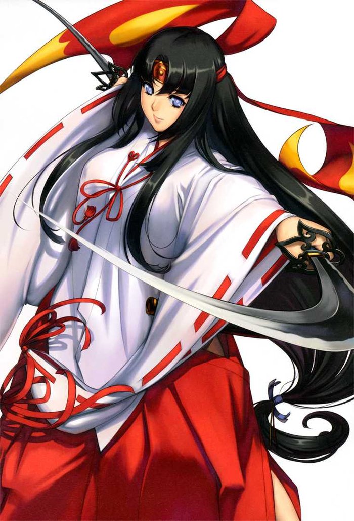 1girl black_hair blind blue_eyes breasts closed_mouth dual_wielding eiwa hakama headband holding holding_sword holding_weapon japanese_clothes katana large_breasts long_hair long_sleeves looking_at_viewer low-tied_long_hair miko official_art queen's_blade queen's_blade_rebellion red_hakama red_headband sidelocks simple_background smile solo sword sword_saint_priestess_tomoe tomoe very_long_hair weapon wide_sleeves