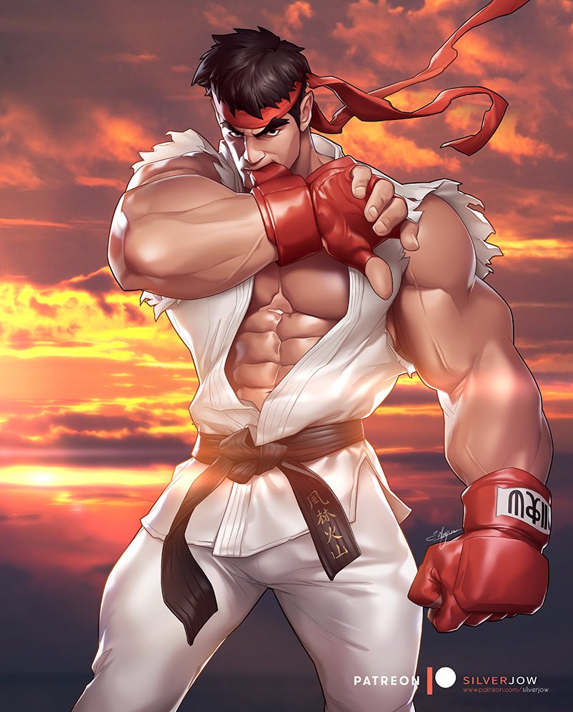 1boy abs bara bare_shoulders belt black_belt black_hair boxing_gloves chest feet_out_of_frame headband male_focus muscle nipples open_clothes patreon_username ryuu_(street_fighter) short_hair silverjow sleeveless street_fighter sunset thick_eyebrows thick_thighs thighs torn_clothes veins