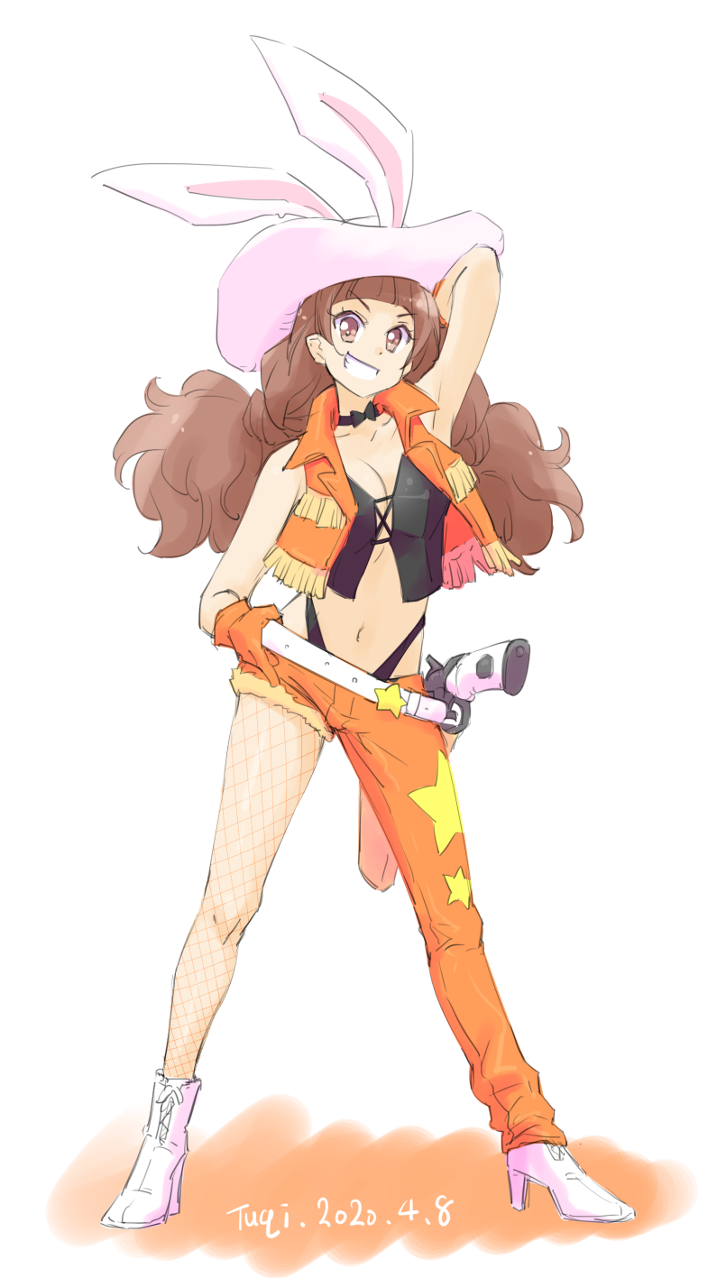 1girl amanogawa_kirara animal_ears armpits asymmetrical_legwear bangs belt black_bow black_panties blunt_bangs bow breasts brown_eyes brown_hair bunny_ears cleavage collarbone fake_animal_ears fishnet_legwear fishnets full_body gloves go!_princess_precure grin head_tilt high_heels highleg highleg_panties highres long_hair looking_at_viewer medium_breasts midriff navel orange_gloves orange_pants panties pants precure print_pants simple_background smile solo standing star_(symbol) star_print stomach tuqi_pix underwear v-shaped_eyebrows very_long_hair white_background white_belt white_footwear