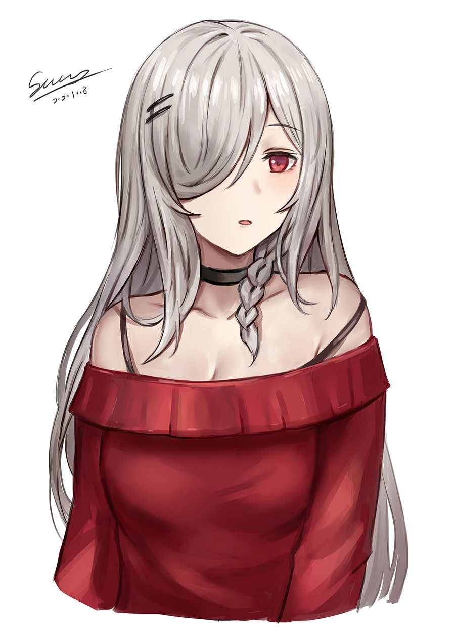 1girl artist_name bare_shoulders barrette black_choker blush bra_strap braid breasts choker cleavage collarbone dated eyebrows_visible_through_hair g36c_(girls_frontline) girls_frontline grey_hair hair_between_eyes hair_over_one_eye highres long_hair looking_at_viewer medium_breasts open_mouth red_eyes selcky silver_hair solo white_background