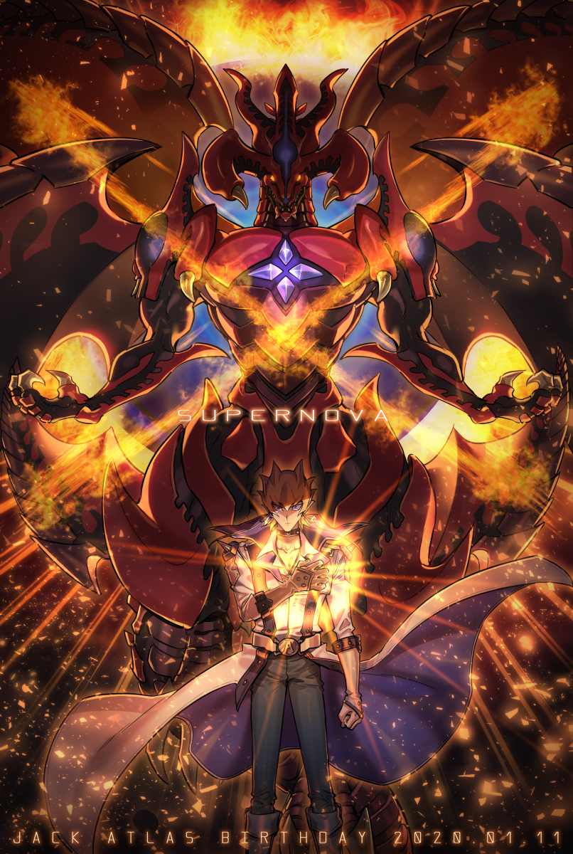 1boy blonde_hair character_name coat dragon fire gloves grey_pants hair_between_eyes highres jack_atlas looking_at_viewer male_focus pants red_dragon_archfiend standing torinomaruyaki white_gloves yu-gi-oh! yu-gi-oh!_5d's