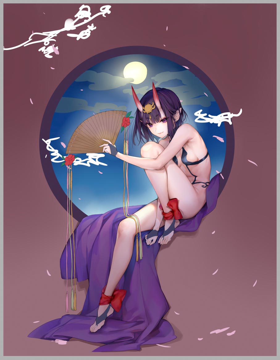 1girl bangs bare_arms bare_shoulders breasts closed_mouth commentary_request eyebrows_visible_through_hair fan fate/grand_order fate_(series) hair_ornament holding horns kaguyuzu knee_up lips looking_at_viewer oni_horns petals pointy_ears purple_eyes purple_hair shuten_douji_(fate/grand_order) simple_background small_breasts solo thighs toes