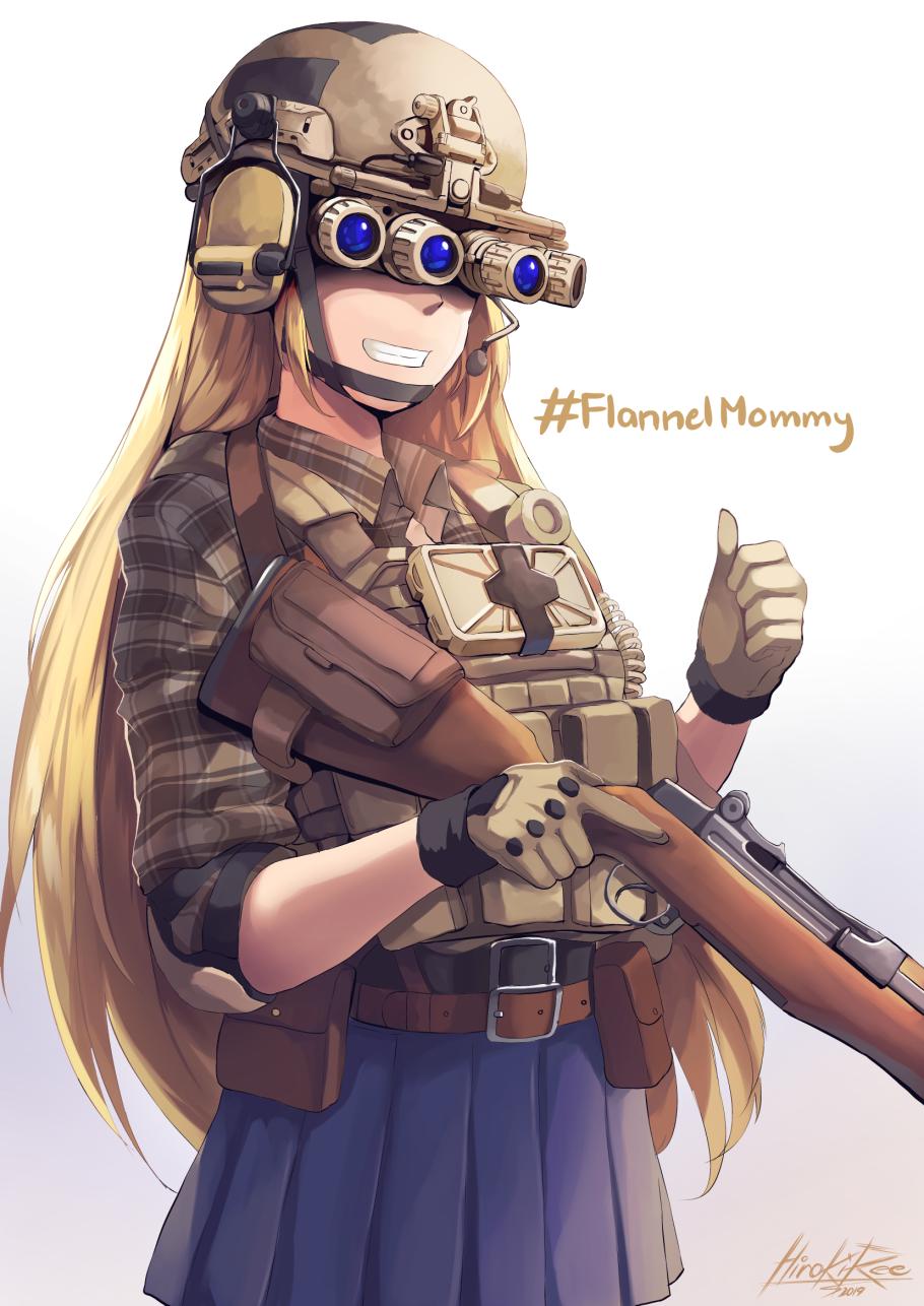 ammunition_pouch belt blonde_hair blue_skirt chin_strap ear_protection elbow_pads english_text flannel girls_frontline gloves gun hashtag headset helmet highres hiroki_ree holding holding_gun holding_weapon load_bearing_equipment long_hair m1_garand m1_garand_(girls_frontline) microphone night_vision_device plate_carrier pleated_skirt pouch rifle shirt simple_background skirt sleeves_rolled_up sling smile teeth trigger_discipline weapon white_background wire