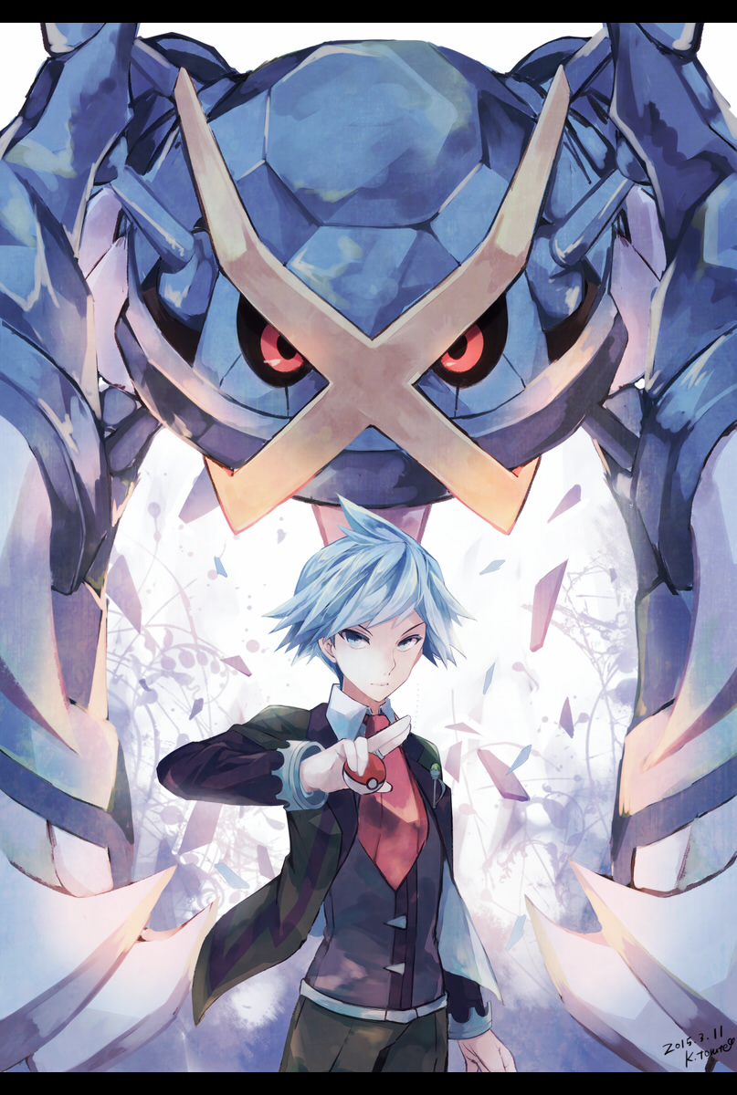 1boy blue_eyes blue_hair closed_mouth collared_shirt commentary_request dated gen_3_pokemon hand_up highres holding holding_poke_ball jacket kabocha_torute long_sleeves metagross open_clothes open_jacket pants poke_ball poke_ball_(basic) pokemon pokemon_(creature) pokemon_(game) pokemon_oras red_neckwear shirt spiked_hair steven_stone vest watermark white_shirt