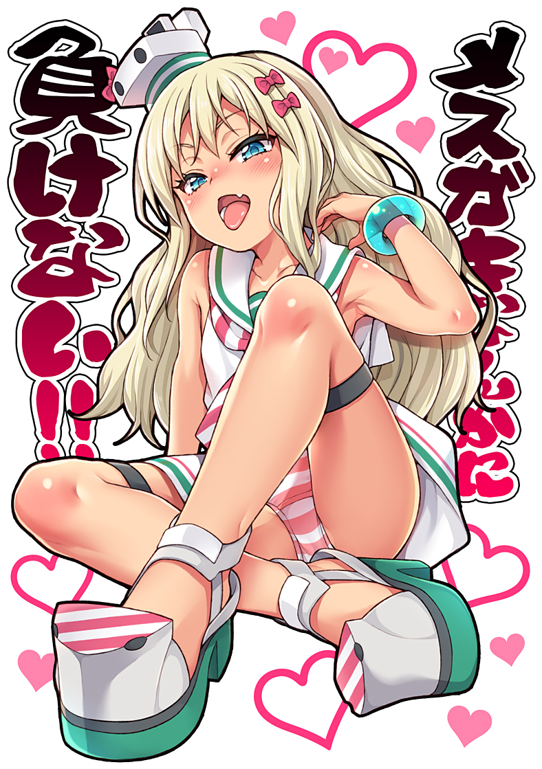 1girl blonde_hair blush commentary_request dress eyebrows_visible_through_hair grecale_(kantai_collection) green_eyes hair_ribbon hat heart kantai_collection long_hair looking_at_viewer open_mouth panties ribbon sailor_collar sailor_dress simple_background sleeveless sleeveless_dress solo striped striped_panties tongue tongue_out translation_request underwear uousa-ou white_background white_dress white_sailor_collar