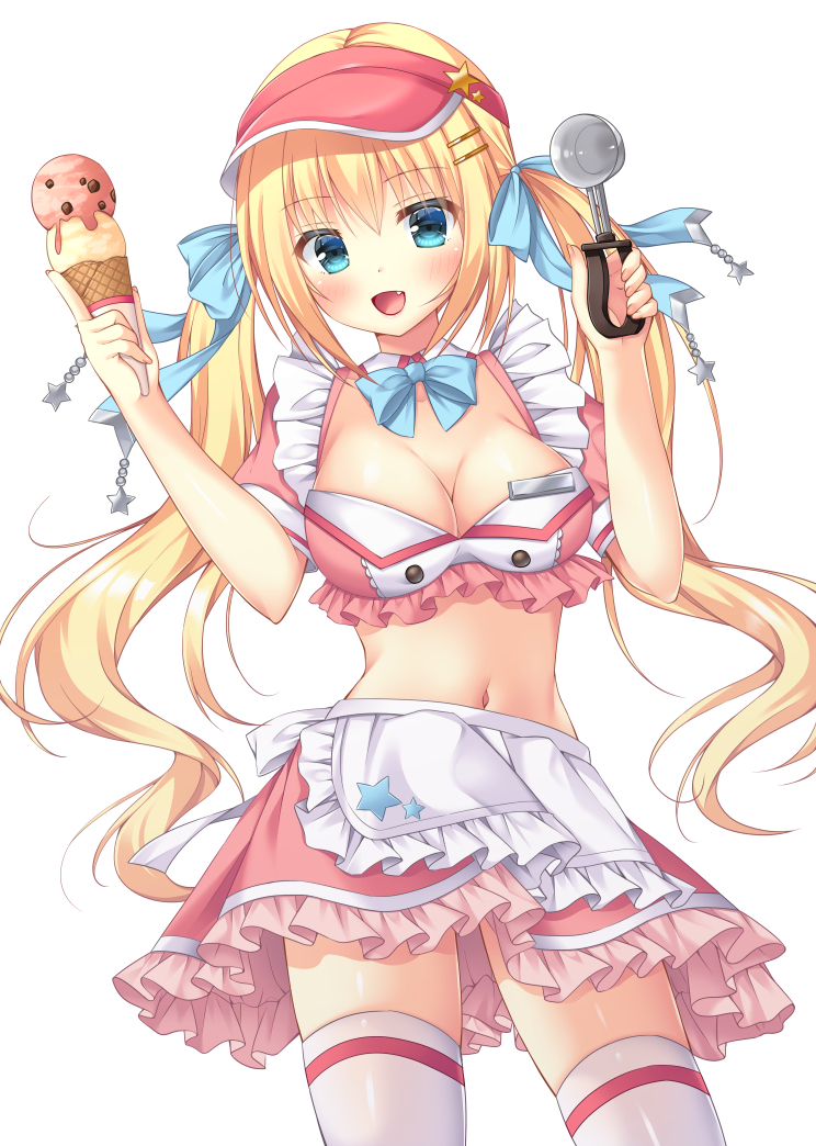 1girl :d apron blonde_hair blue_eyes bow bowtie breasts cleavage cowboy_shot crop_top detached_collar food frilled_shirt frilled_skirt frills fujikura_ryuune hair_ornament hair_ribbon hairclip hands_up holding ice_cream long_hair looking_at_viewer medium_breasts midriff miniskirt navel open_mouth original pink_shirt pink_skirt ribbon shirt short_sleeves simple_background skirt smile solo standing star_(symbol) stomach thighhighs twintails very_long_hair visor_cap waist_apron waitress white_background white_legwear zettai_ryouiki