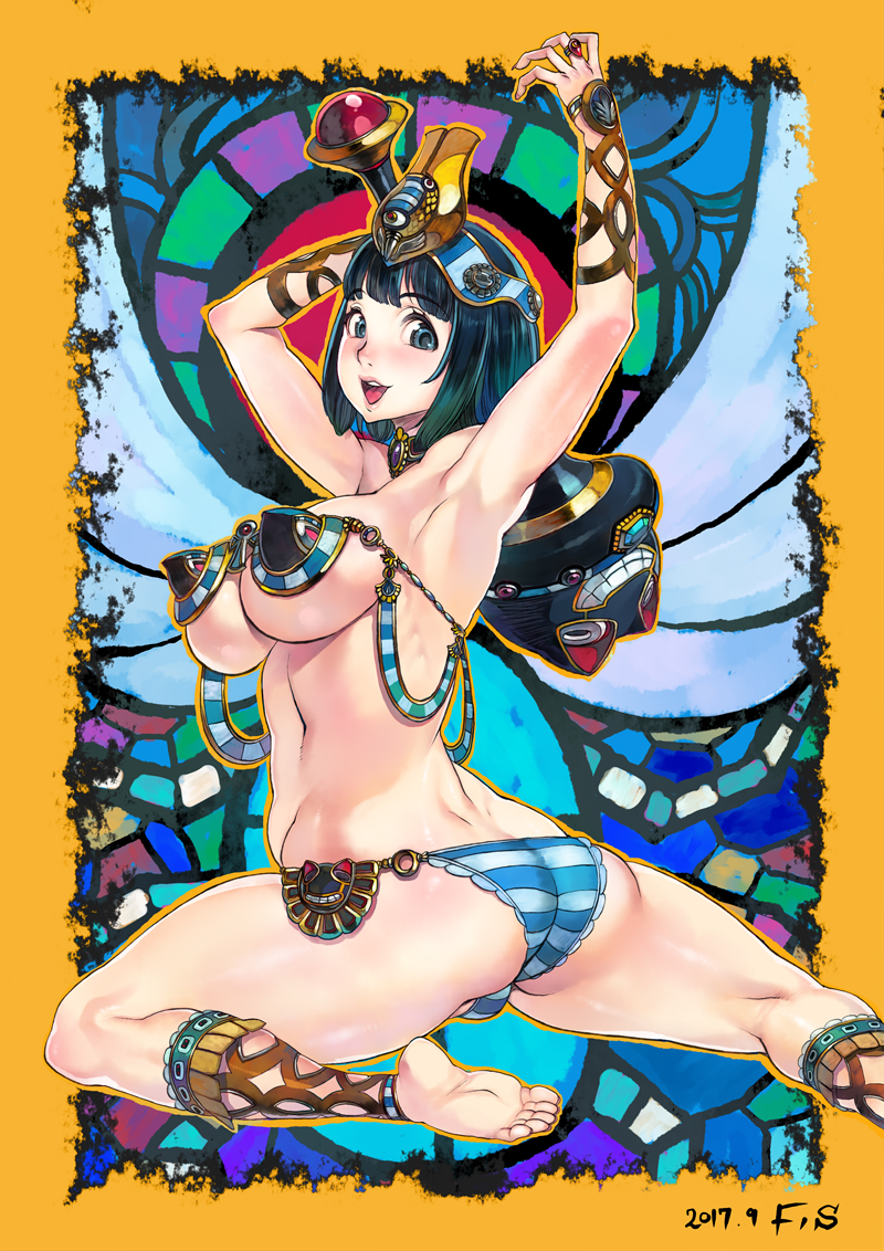 1girl 2017 ancient_princess_menace armpits arms_up ass bangs barefoot bikini black_hair blue_eyes blunt_bangs blush border breasts commentary_request crown dated egyptian egyptian_clothes f.s. frilled_panties frills gauntlets headgear jewelry large_breasts looking_at_viewer looking_back menace o-ring o-ring_bottom official_art open_mouth outline panties pose queen's_blade revealing_clothes ring scepter setra short_hair soles solo stained_glass striped striped_panties swimsuit thighs toes toned underboob underwear yellow_border
