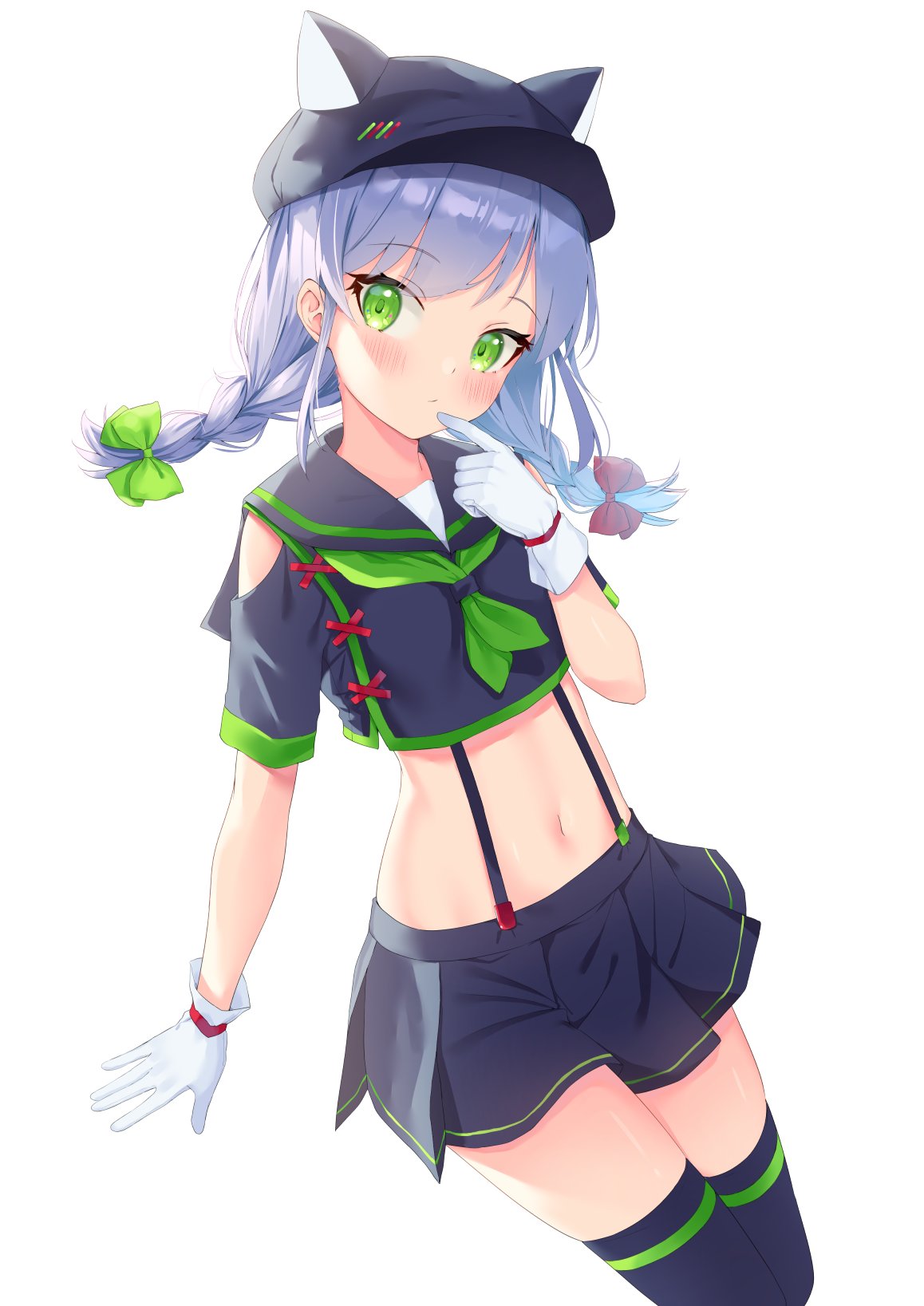 1girl animal_ears baseball_cap black_headwear black_legwear black_shirt black_skirt blue_hair bow braid closed_mouth clothing_cutout crop_top fake_animal_ears finger_to_mouth gloves green_eyes hair_bow hand_up hat highres k_mugura long_hair looking_at_viewer midriff miniskirt navel neckerchief original pleated_skirt sailor_collar shirt short_sleeves shoulder_cutout sidelocks simple_background skirt solo stomach suspenders thighhighs twin_braids twintails white_background white_gloves zettai_ryouiki