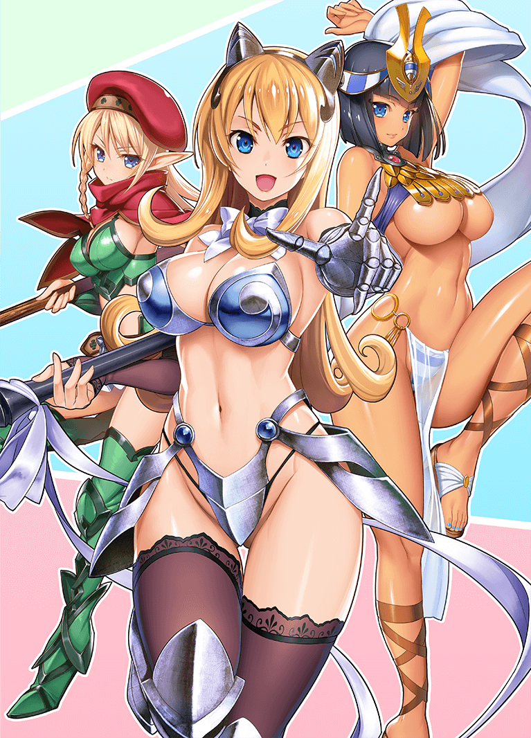3girls alleyne_(queen's_blade) alleyne_(queen's_blade_unlimited) animal_ears arm_up armor armored_boots armpits bangs bare_shoulders belt beret bikini_armor black_gloves black_hair black_legwear black_panties blonde_hair blue_eyes blunt_bangs boots bow bowtie braid breastplate breasts cleavage closed_mouth corset cross-laced_footwear curvy day detached_collar egyptian_clothes elbow_gloves elf elina eyebrows_visible_through_hair fake_animal_ears faulds fingerless_gloves gauntlets gloves greaves green_footwear green_legwear hairband hat headgear highleg highleg_panties holding holding_weapon index_finger_raised jewelry knee_boots lace lace-trimmed_gloves lace-trimmed_legwear lace_trim large_breasts long_hair looking_at_viewer medium_breasts menace menace_(queen's_blade_unlimited) micro_panties multiple_girls navel o-ring o-ring_bottom official_art oosaki_shin'ya open_mouth outline panties panty_straps pelvic_curtain pointing pointing_at_viewer pointy_ears polearm queen's_blade queen's_blade_unlimited red_scarf revealing_clothes ribbon sandals sapphire_(gemstone) scarf setra shadow_tracker_elina shawl short_hair side_braid sidelocks simple_background single_gauntlet skirt smile spear standing standing_on_one_leg string_panties striped striped_panties tan thigh_boots thigh_gap thighhighs underboob underwear vambraces weapon white_bow white_neckwear white_ribbon white_skirt