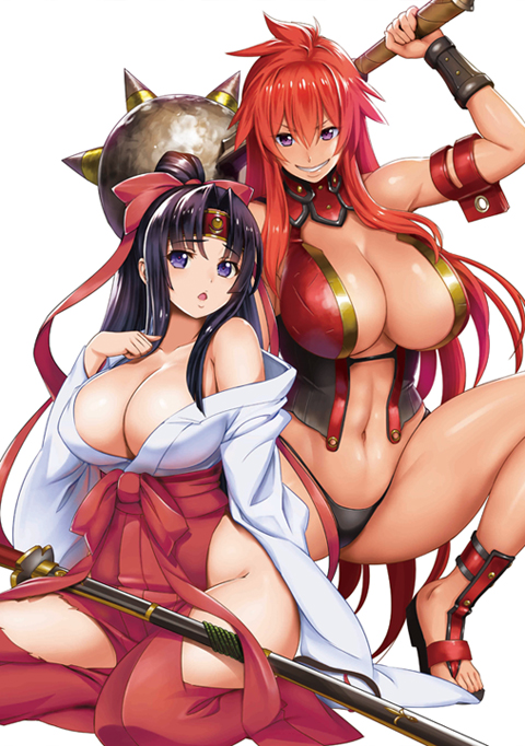 2girls arm_strap black_hair black_panties blush bow breasts closed_mouth club collarbone covered_nipples eyebrows_visible_through_hair hair_ribbon hakama headband highleg highleg_panties hip_vent holding holding_weapon japanese_clothes katana kimono large_breasts long_hair long_sleeves looking_at_viewer low-tied_long_hair mace miko multiple_girls muscle muscular_female navel no_bra official_art oosaki_shin'ya open_clothes open_kimono open_mouth panties pink_eyes ponytail purple_eyes queen's_blade queen's_blade_unlimited red_footwear red_hair red_hakama revealing_clothes ribbon risty risty_(queen's_blade_unlimited) sandals sheath sidelocks sitting smile spiked_club squatting sword tan tomoe tomoe_(queen's_blade_unlimited) turtleneck underwear vambraces very_long_hair vest weapon wide_sleeves