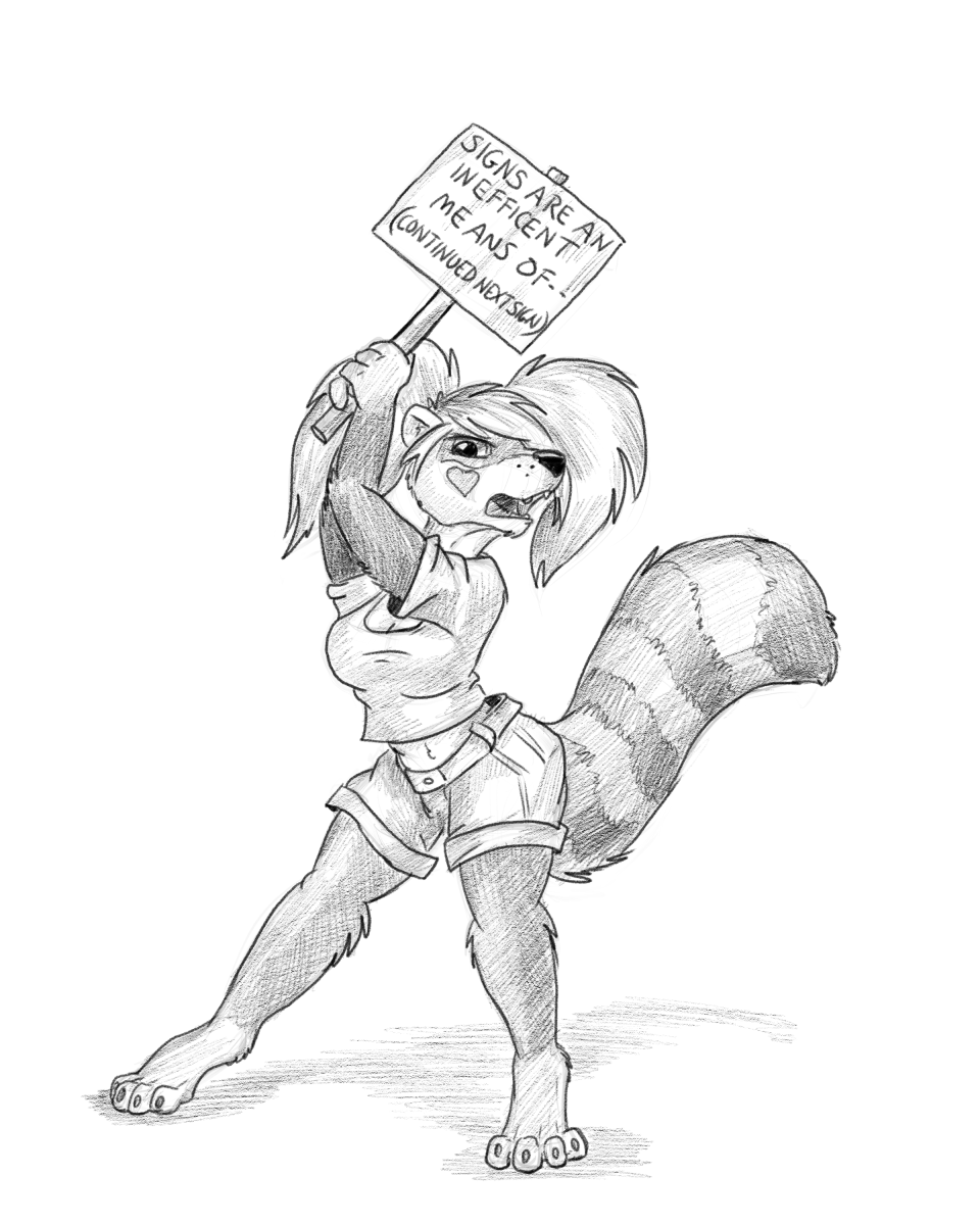 &lt;3 2020 4:5 ailurid anthro bottomwear clothing english_text female flinters fur hair hi_res holding_object holding_sign mammal midriff monochrome open_mouth pigtails red_panda shorts soaskep solo text