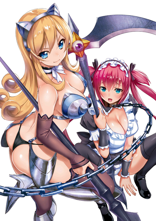 2girls airi_(queen's_blade) airi_(queen's_blade_unlimited) animal_ears apron armor armored_boots ass bangs bikini_armor black_dress black_footwear black_gloves black_legwear black_panties black_ribbon blonde_hair blue_eyes blush boots bow breastplate breasts chain cleavage closed_mouth collarbone detached_collar dress elbow_gloves elina eyebrows_visible_through_hair fake_animal_ears faulds fingerless_gloves from_above gloves hair_bow hairband high_heel_boots high_heels highleg highleg_panties holding holding_weapon knee_boots lace lace-trimmed_gloves lace-trimmed_legwear lace_trim large_breasts leash long_hair looking_at_viewer looking_up m_legs maid maid_apron maid_headdress mary_janes medium_breasts micro_panties multiple_girls navel neck_ribbon official_art oosaki_shin'ya panties panty_straps polearm puffy_short_sleeves puffy_sleeves quad_tails queen's_blade queen's_blade_unlimited red_hair ribbon scythe shadow_tracker_elina shoes short_sleeves sidelocks smile spear spread_legs squatting standing standing_on_one_leg string_panties thighhighs underwear weapon white_neckwear white_panties white_ribbon