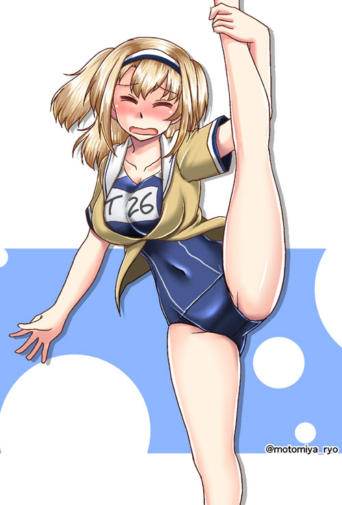 1girl beige_shirt closed_eyes commentary_request hairband i-26_(kantai_collection) kantai_collection light_brown_hair long_hair motomiya_ryou name_tag new_school_swimsuit open_mouth sailor_collar school_swimsuit short_sleeves solo split standing standing_on_one_leg standing_split swimsuit swimsuit_under_clothes two-tone_hairband two_side_up white_sailor_collar