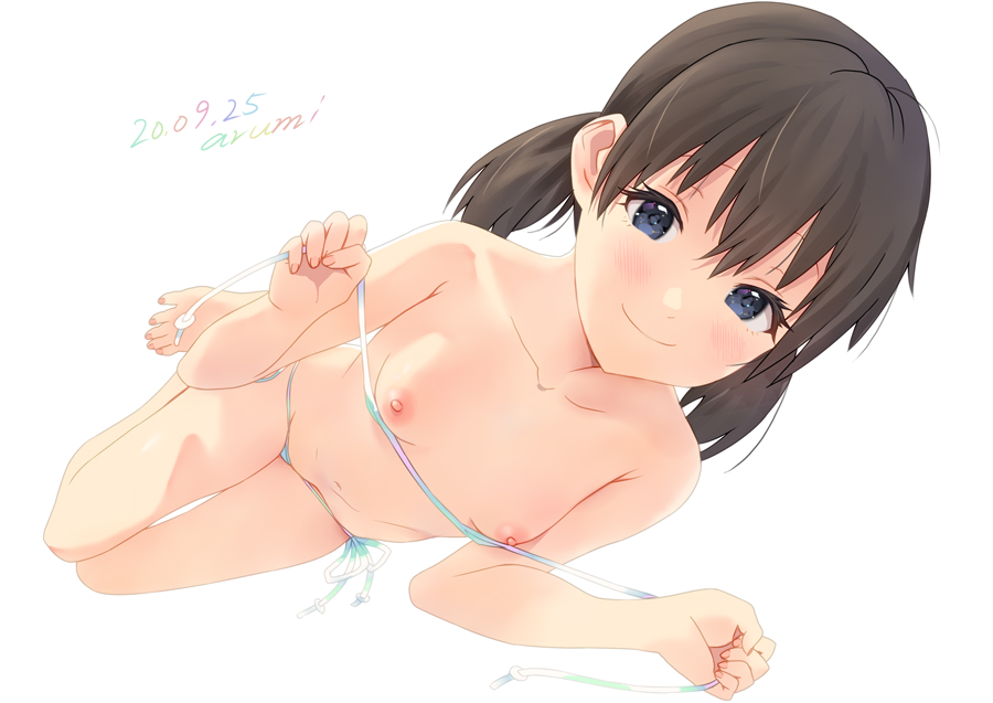 areolae baba_arumi bangs bikini black_hair blue_eyes blush breasts collarbone copyright_request dated knees_together_feet_apart looking_at_viewer low_twintails micro_bikini navel nipples perspective signature simple_background small_breasts smile swimsuit topless twintails untied untied_bikini white_background