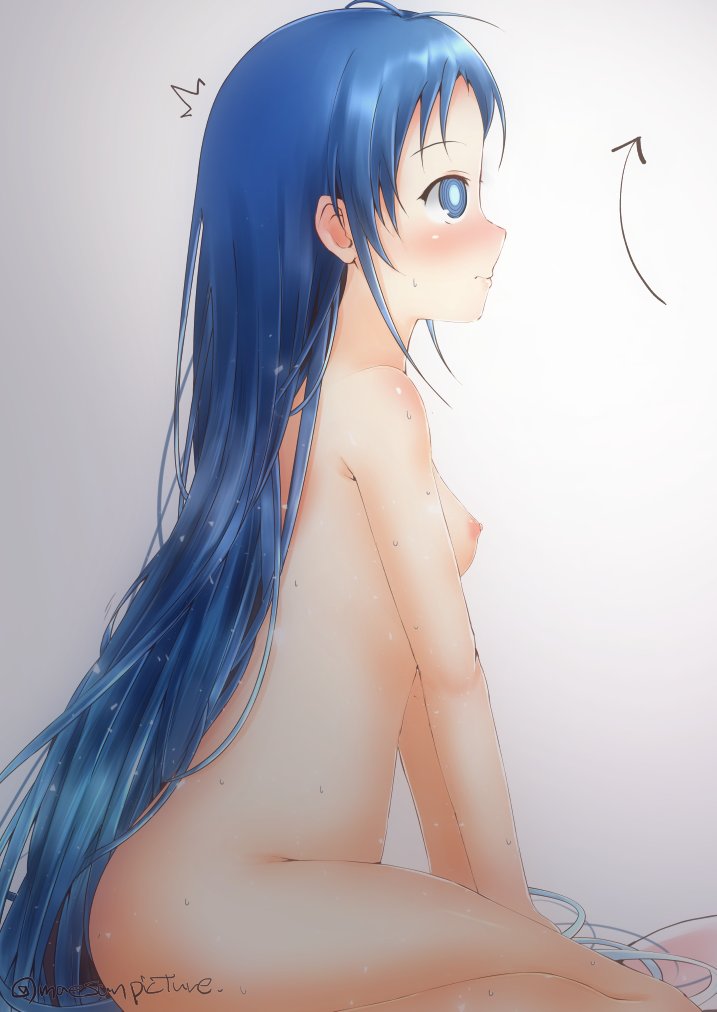 1girl bangs blue_eyes blue_hair blush breasts closed_mouth embarrassed eyebrows_visible_through_hair full_body kantai_collection long_hair mae_(maesanpicture) md5_mismatch nervous nude samidare_(kantai_collection) sex simple_background small_breasts smile solo sweat sweatdrop swept_bangs twitter_username very_long_hair white_background