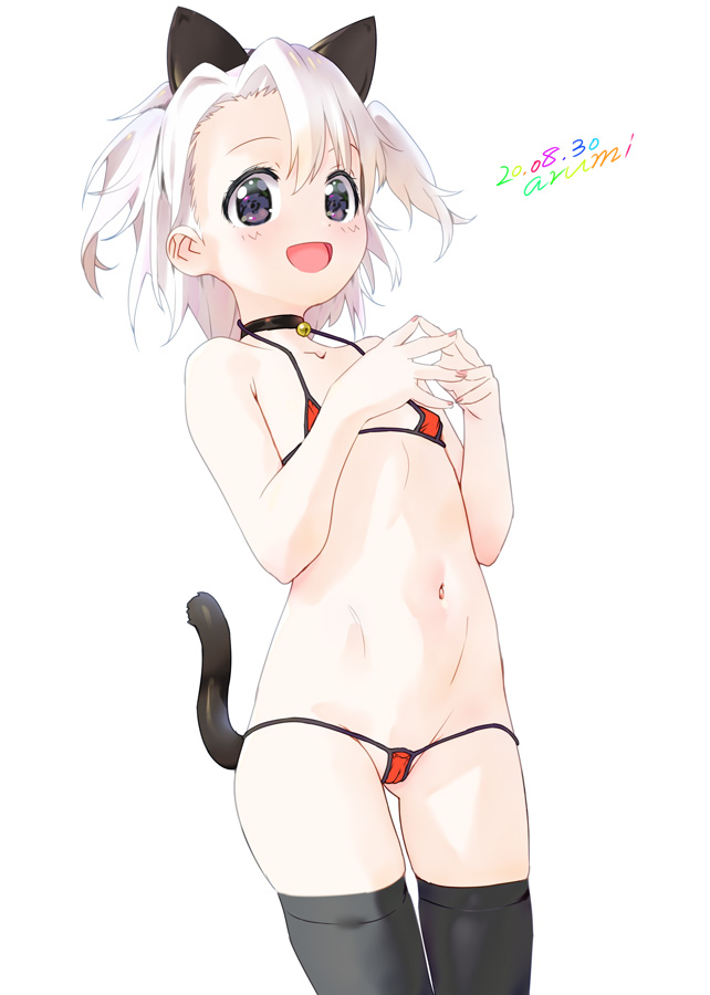 animal_ears baba_arumi bell bell_choker bikini black_legwear blush cat_ears cat_tail choker collarbone commentary copyright_request dated fake_animal_ears fingernails fingers micro_bikini navel open_mouth purple_eyes red_bikini signature simple_background smile swimsuit tail thighhighs white_background white_hair