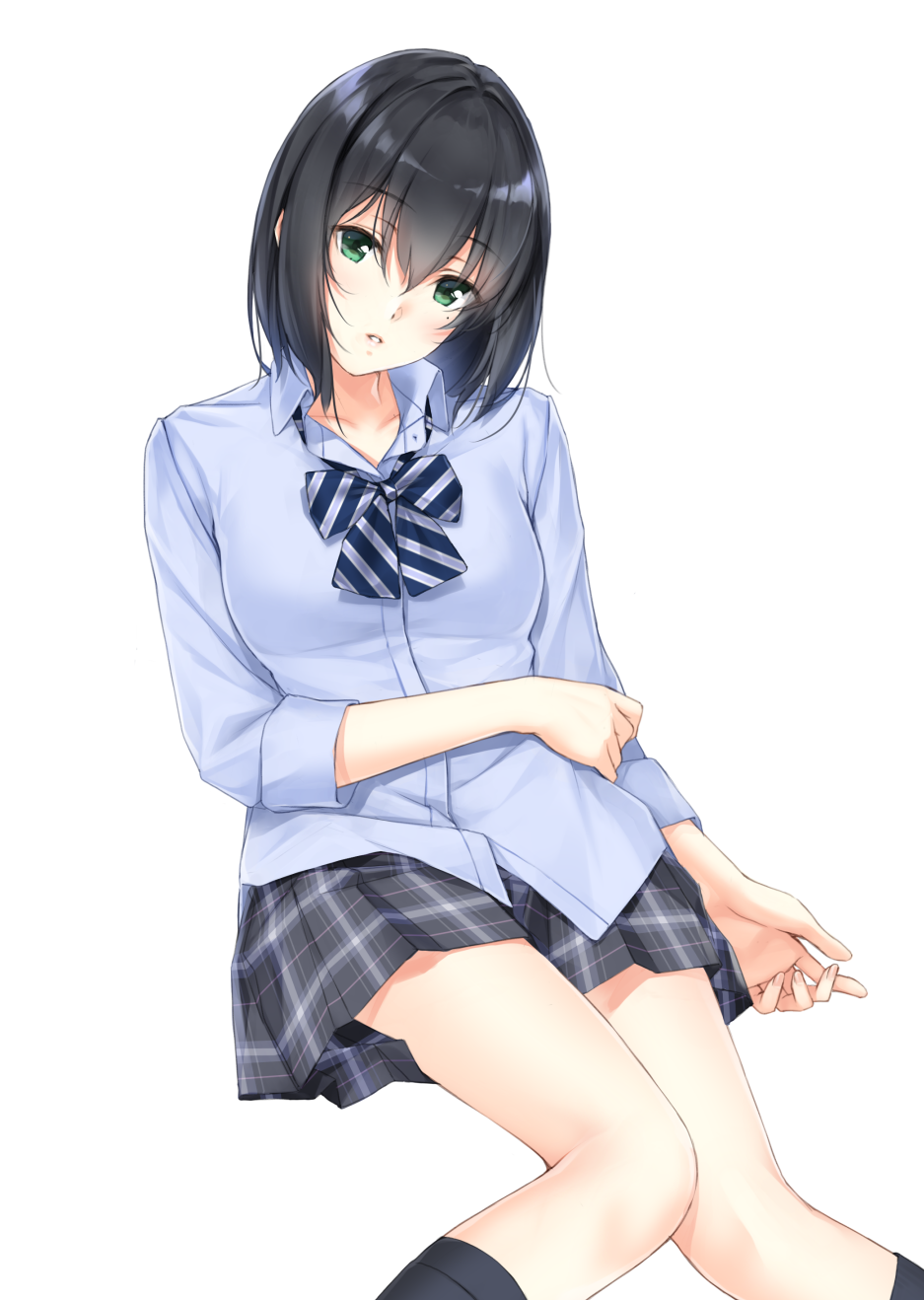 1girl black_hair black_legwear blue_neckwear bow bowtie breasts feet_out_of_frame green_eyes grey_skirt head_tilt highres kneehighs long_sleeves looking_at_viewer medium_breasts mole mole_under_eye nayuta69 original parted_lips school_uniform shirt short_hair simple_background skirt solo white_background