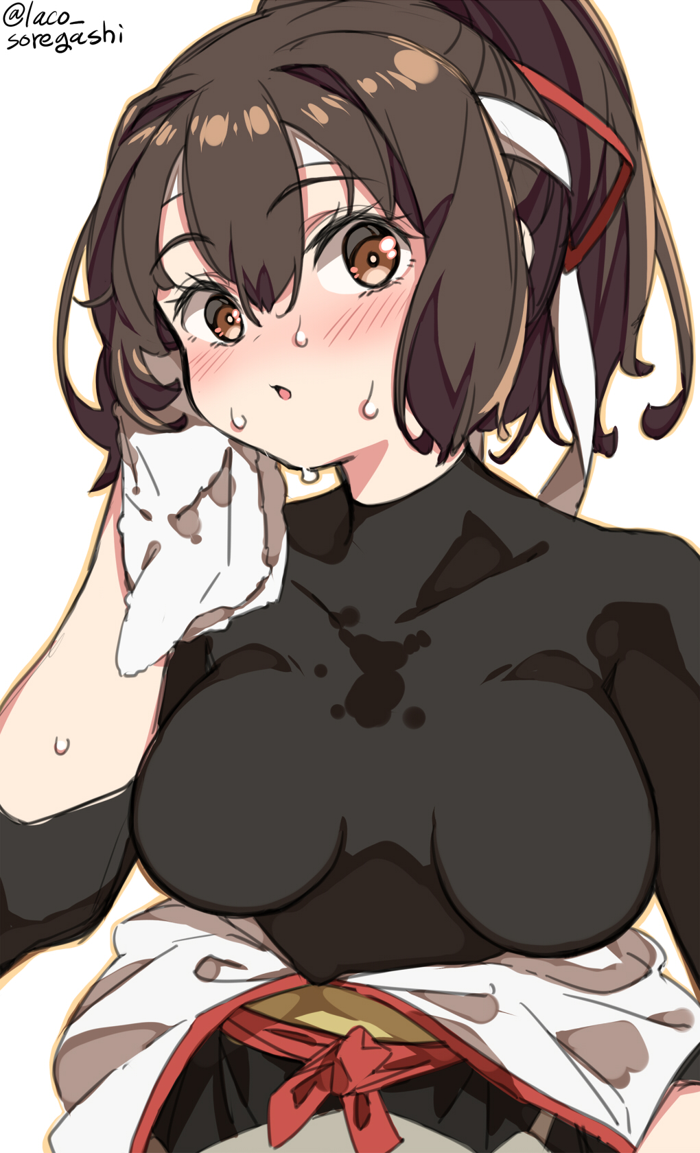 1girl black_shirt breasts brown_eyes brown_hair hair_ribbon headband highres ise_(kantai_collection) japanese_clothes kantai_collection laco_soregashi large_breasts looking_at_viewer ponytail remodel_(kantai_collection) ribbon shirt short_hair simple_background skin_tight solo sweater towel undershirt upper_body white_background white_headband white_towel