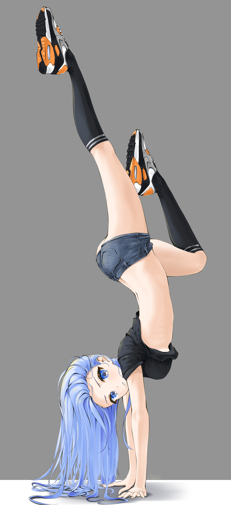 1girl ass black_legwear black_shirt blue_hair blush breasts candy chaesu commentary_request denim denim_shorts food forehead from_side full_body grey_background handstand highres kneehighs lollipop long_hair looking_at_viewer looking_to_the_side medium_breasts mouth_hold original shirt shoes short_shorts short_sleeves shorts simple_background sneakers solo tags: underboob upside-down v-shaped_eyebrows