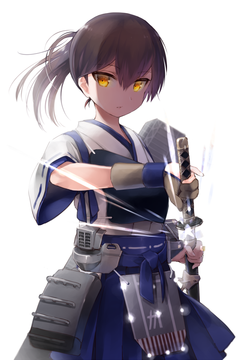 1girl blue_hakama brown_gloves brown_hair eyebrows_visible_through_hair flight_deck gloves hair_between_eyes hakama hakama_skirt highres holding holding_sword holding_weapon japanese_clothes kaga_(kantai_collection) kantai_collection katana long_hair muneate nigo partly_fingerless_gloves remodel_(kantai_collection) sheath side_ponytail simple_background solo sword tasuki unsheathing weapon white_background yellow_eyes yugake