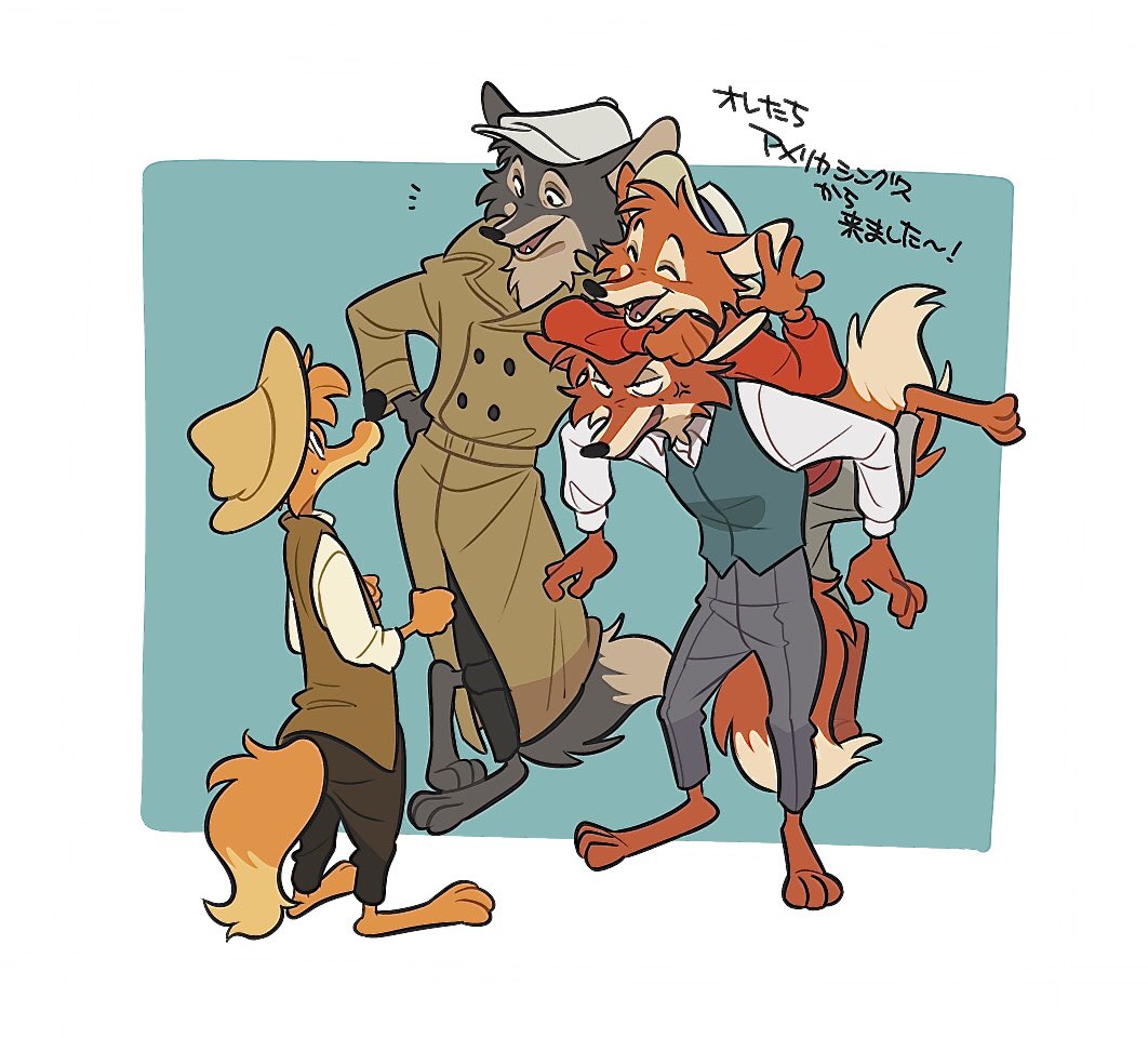 anthro black_nose br'er_fox canid canine clothed clothing disney fox fur group hat headgear headwear japanese_text male mammal simple_background song_of_the_south text uochandayo