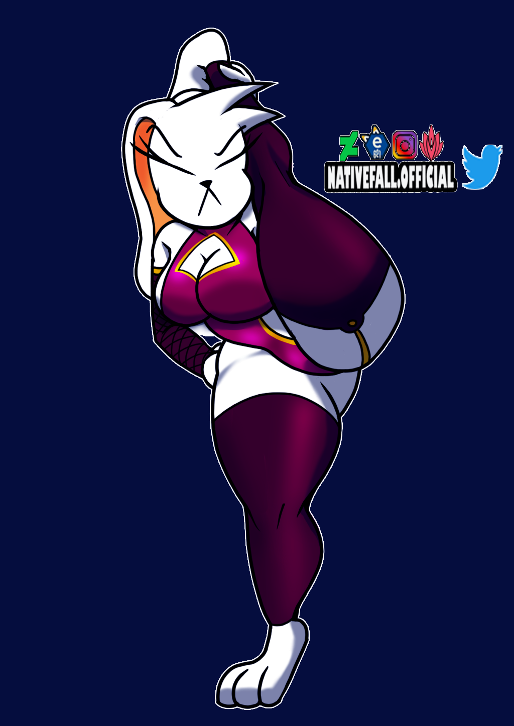 anthro big_breasts breasts butt clothed clothing eyelashes female female/female hair hi_res lagomorph legwear leporid looking_at_viewer mammal ms.bunlee_(character) nativefall rabbit simple_background solo spread_legs spreading stockings thick_thighs white_body