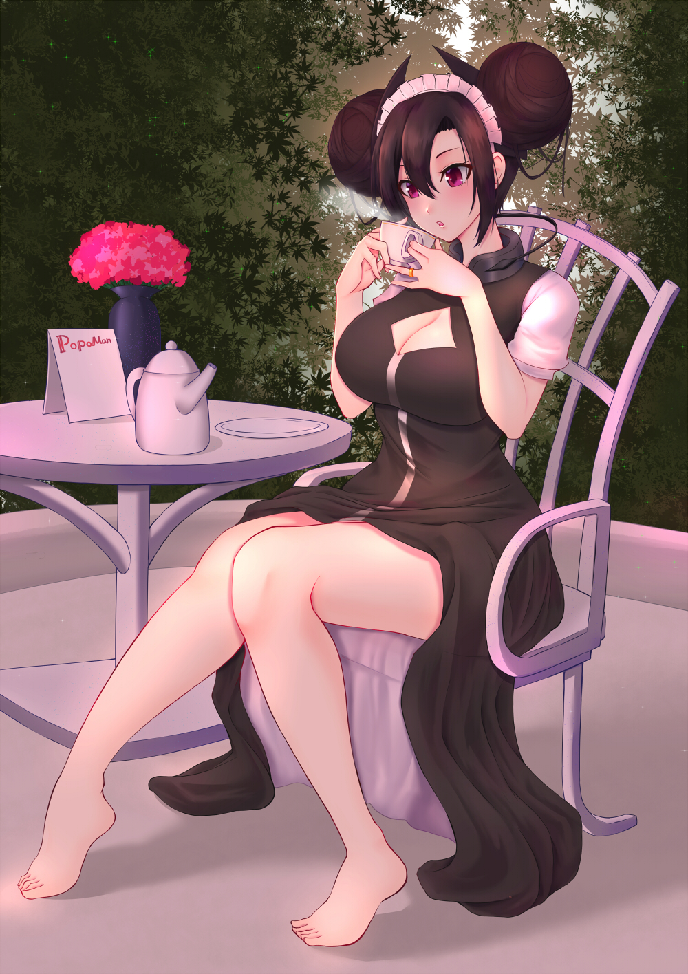 1girl agent_(girls_frontline) alternate_costume asymmetrical_hair barefoot black_dress black_hair blush breasts cable chair cleavage cleavage_cutout clothing_cutout collar cup double_bun dress feet flower full_body garden girls_frontline hair_ornament hands_up highres holding holding_cup jewelry kettle large_breasts legs looking_at_viewer maid_headdress maple_tree menu messy_hair mixed-language_commentary no_shoes open_clothes open_dress outdoors pao_mian+dan parted_lips patio patio_chair plantar_flexion red_eyes ring sangvis_ferri saucer short_sleeves sidelocks sitting solo table teacup thighs tree vase wide-eyed