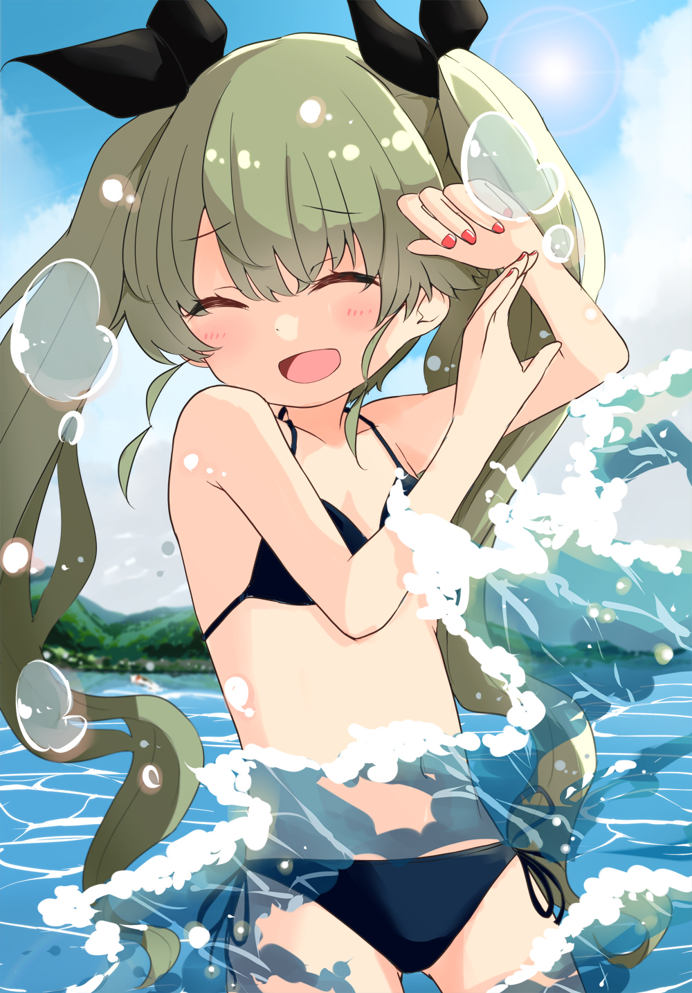 1girl anchovy_(girls_und_panzer) bangs barashiya bikini black_bikini black_ribbon blue_sky breasts closed_eyes cloud cloudy_sky commentary day drill_hair droplet eyebrows_visible_through_hair girls_und_panzer green_hair hair_ribbon highres lake lens_flare light_particles long_hair nail_polish open_mouth outdoors red_nails ribbon side-tie_bikini sky small_breasts smile solo splashing standing string_bikini sun swimsuit twin_drills twintails wading