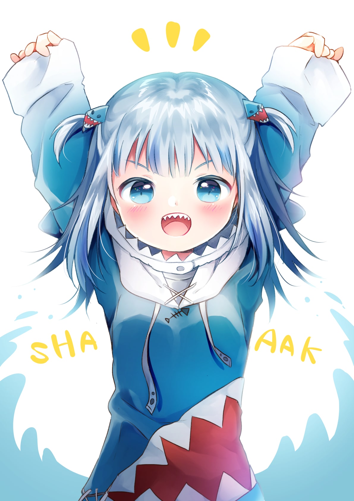 1girl :d arms_up blue_eyes blue_hair blush commentary english_text gawr_gura hair_ornament highres hololive hololive_english long_hair looking_at_viewer notice_lines open_mouth shark_costume shark_hair_ornament sharp_teeth shiramori_sawa sleeves_past_wrists smile solo teeth two_side_up v-shaped_eyebrows virtual_youtuber waves white_background